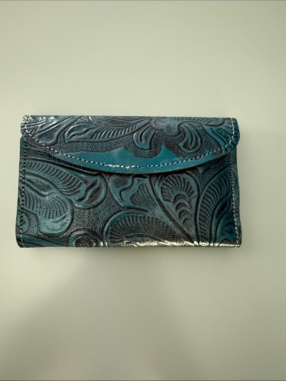 Mexican Embossed Teal Floral Leather Wallet - Women